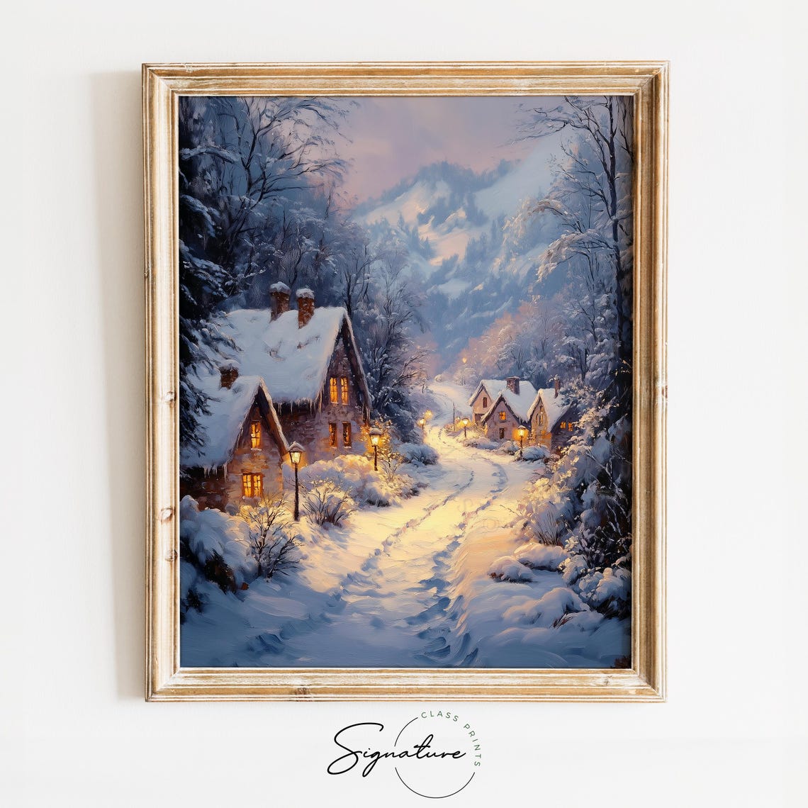 Snowy Mountain Village At Dusk With Glowing Windows Winter Wall Art