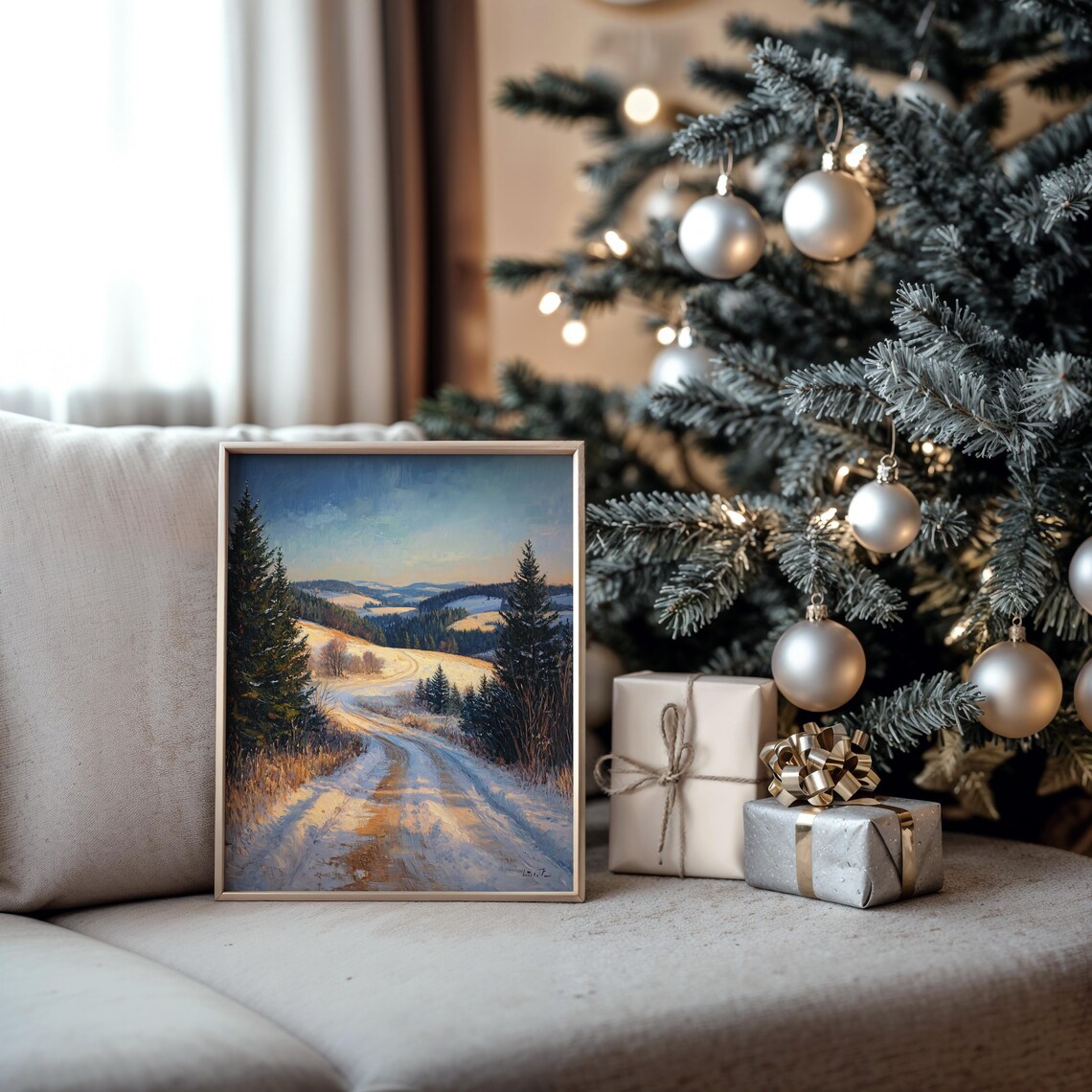 Golden Light Country Road Through Snowy Winter Hills Oil Painting Print - Image 5