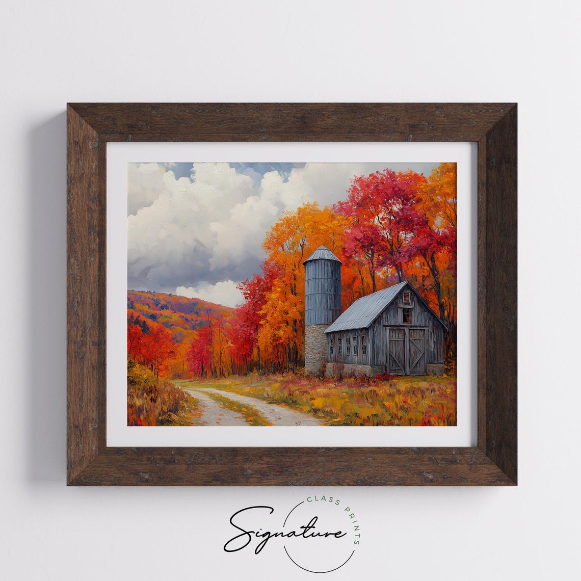 Gray Barn and Stone Silo Among Vivid Red Autumn Foliage Poster - Image 5