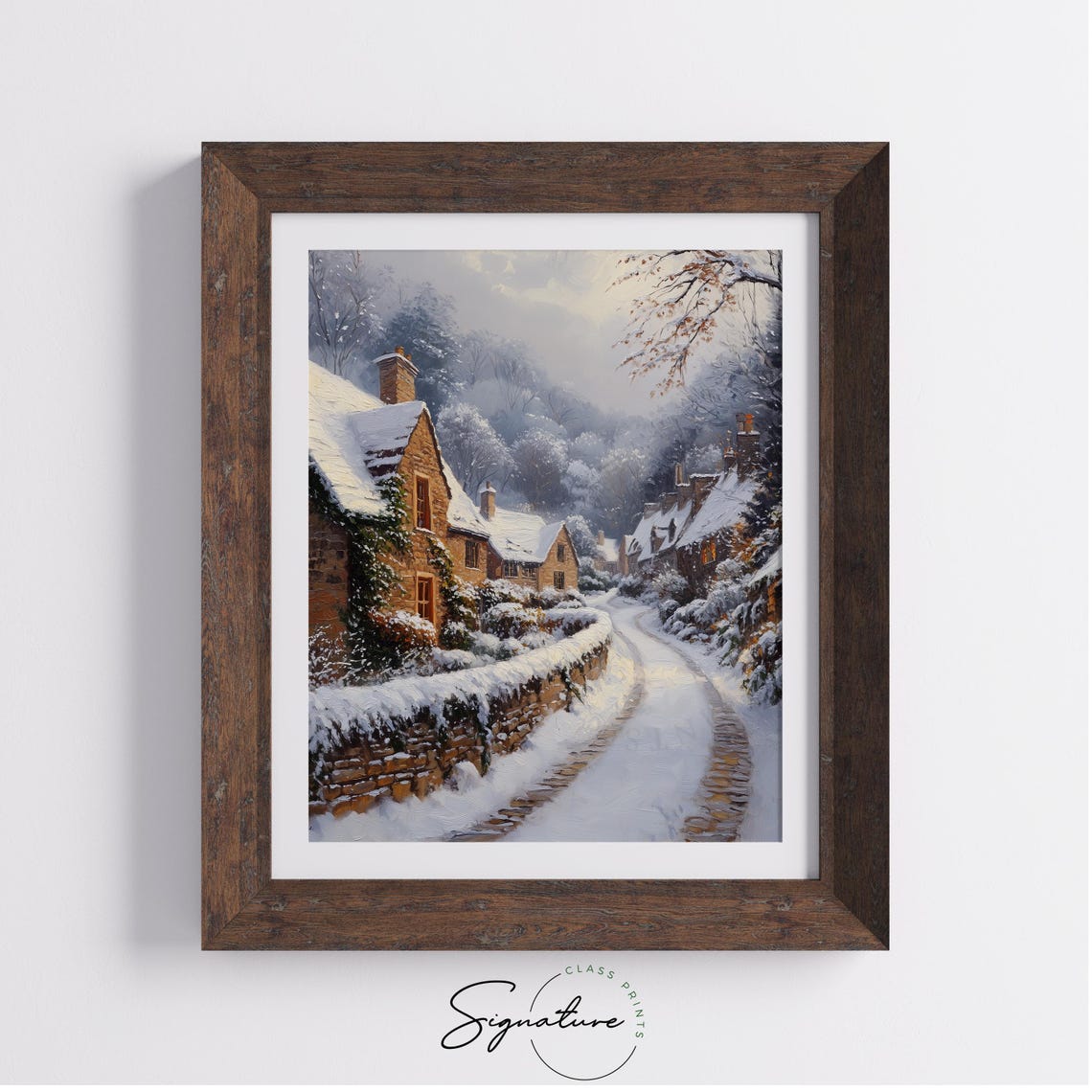 Snowy Village Street with Stone Cottages and Chimneys Poster - Image 3