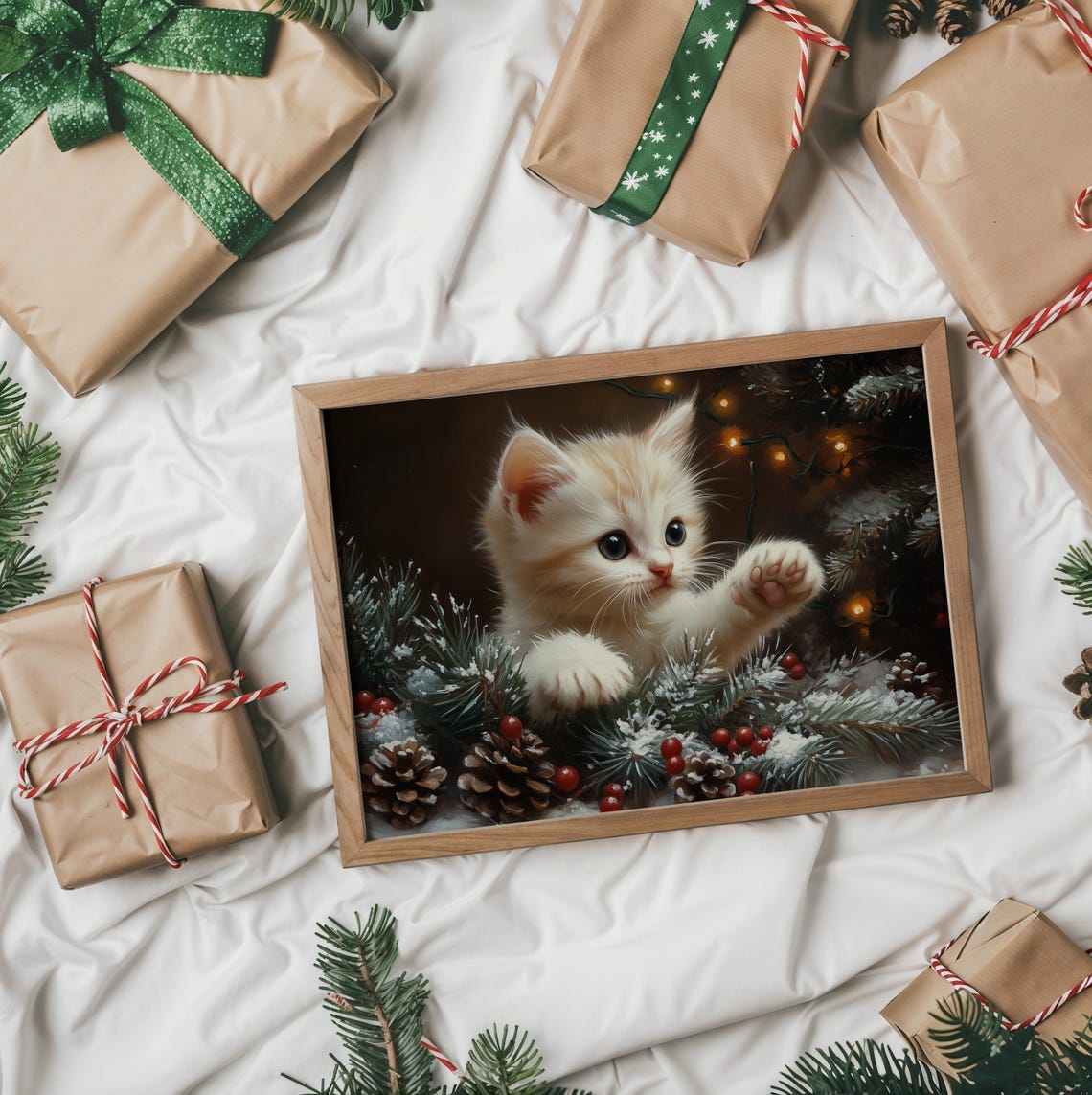 Playful Cream Kitten Among Snowy Pinecones and Red Berries Poster - Image 2