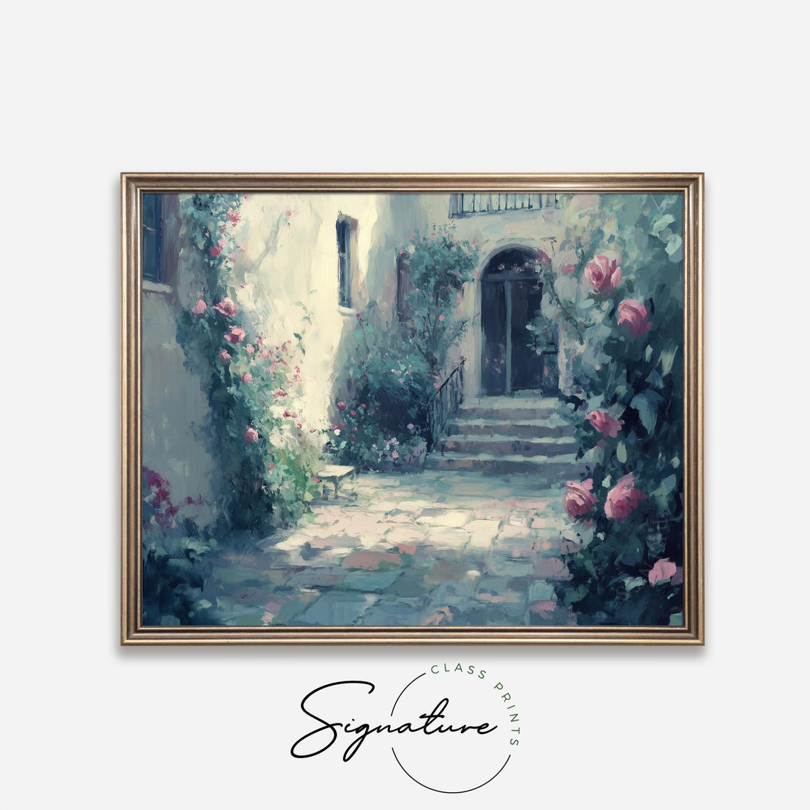 Sunlit Rose Covered Courtyard Villa Impressionist Floral Wall Art - Image 4