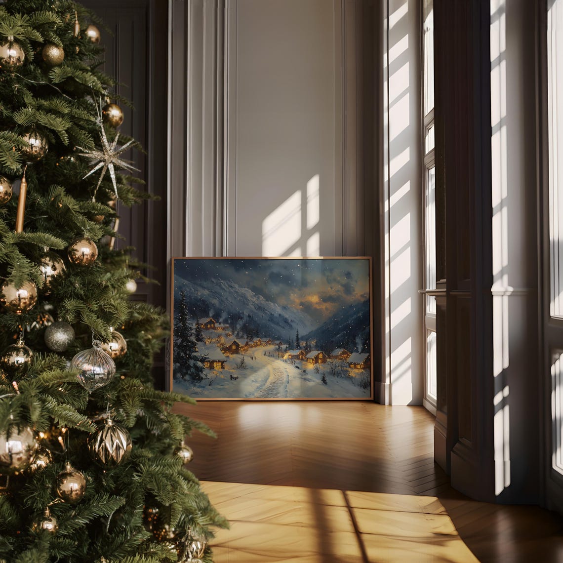 Snowy Christmas Village Night Lights Mountain Holiday Wall Art - Image 6