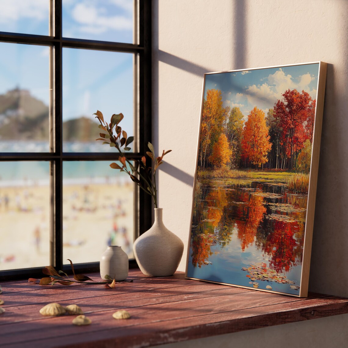 Autumn Lakeside Reflection Vintage Fall Trees Crisp Blue Sky Art Poster - Image 5
