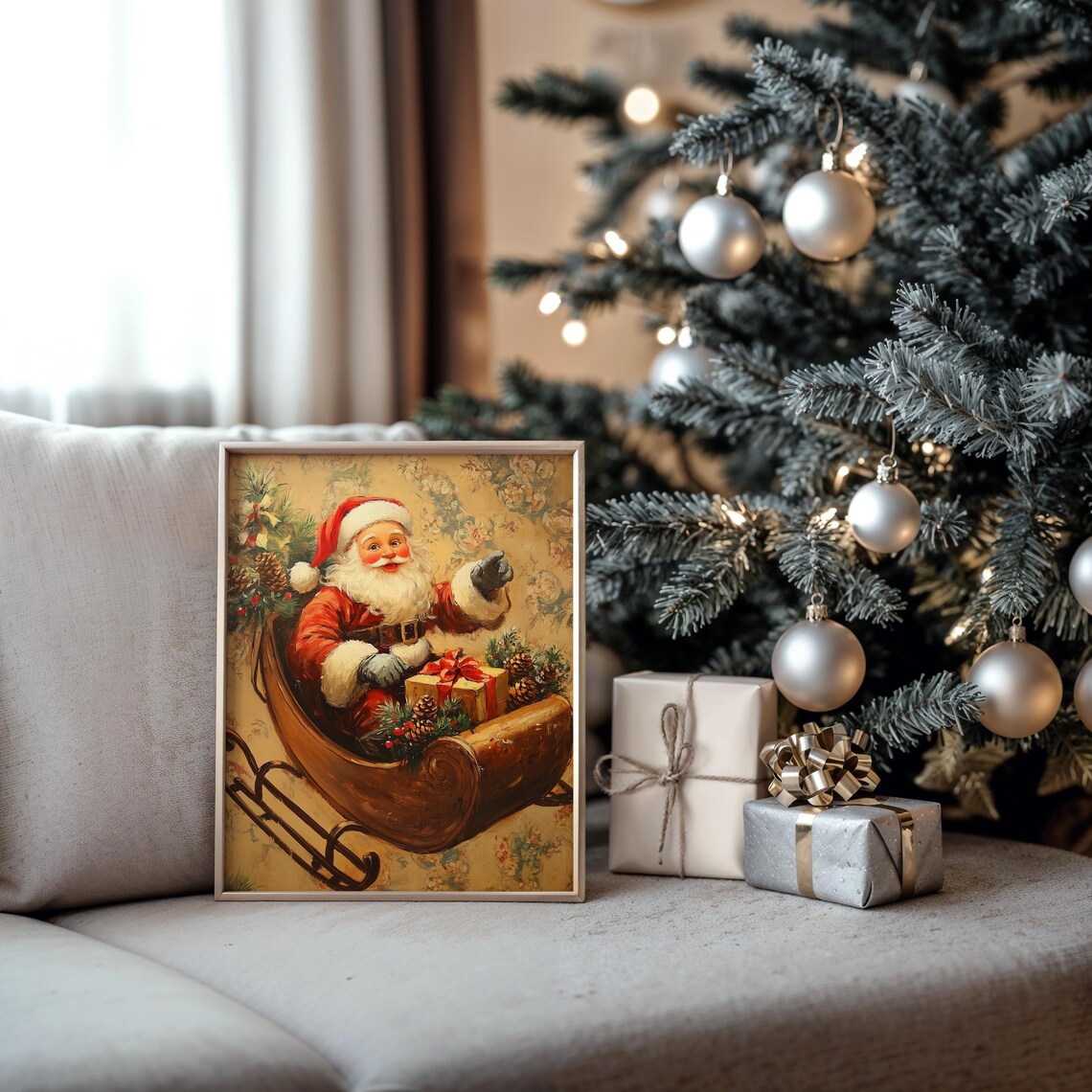 Santa Claus Riding Wooden Sleigh with Gift Vintage Christmas Print - Image 5