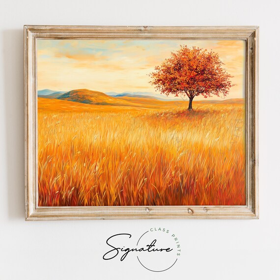 Lone Autumn Tree Standing In Golden Wheat Field Hills Poster