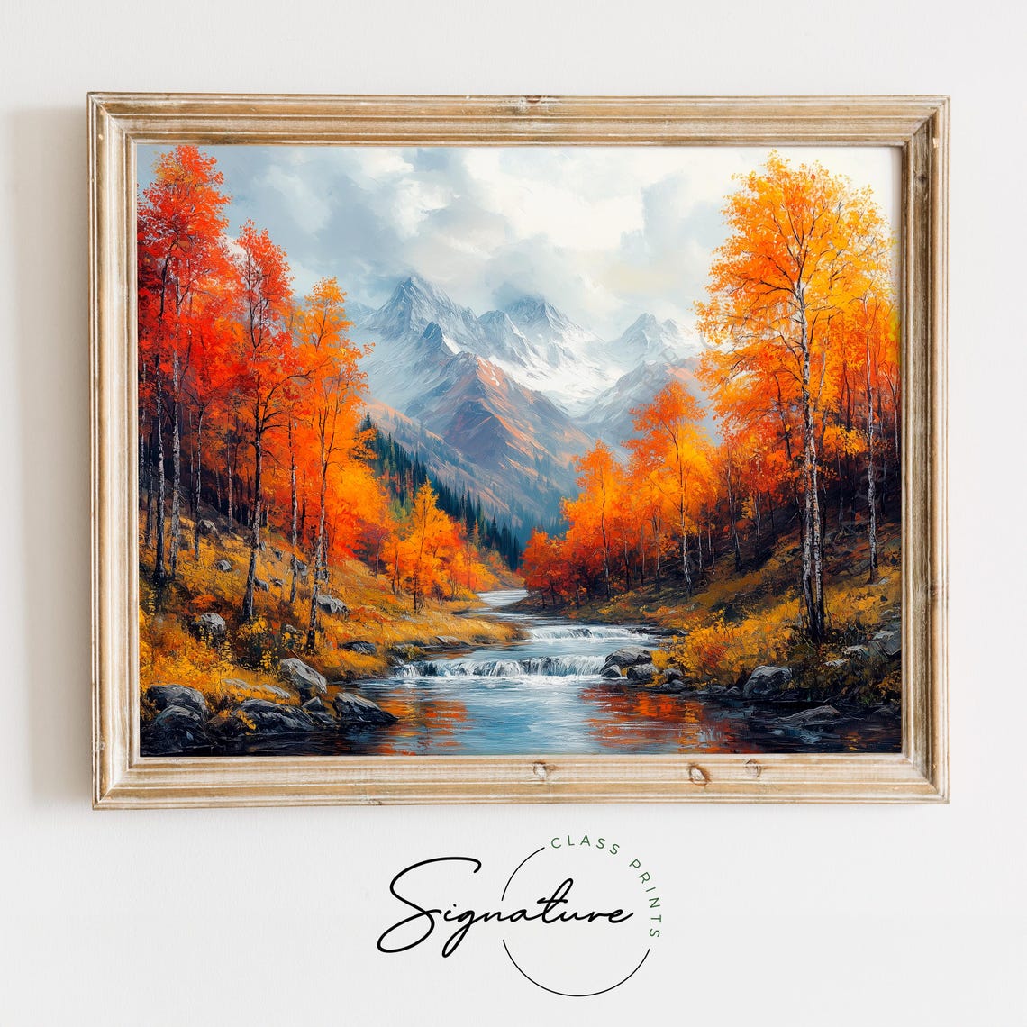 Autumn Mountain River Painting Snowy Peaks Colorful Fall Trees Poster