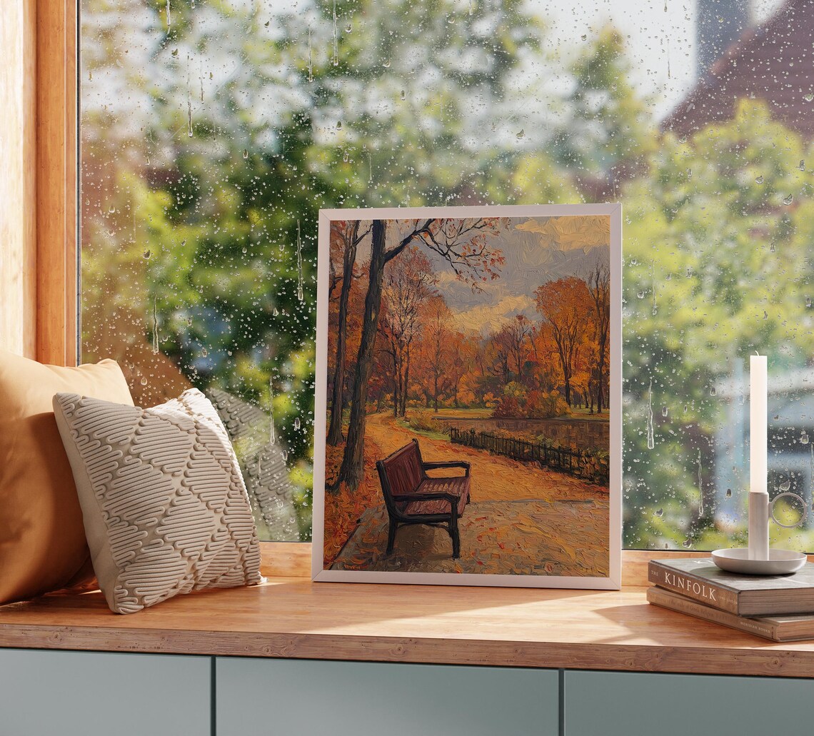 Autumn Walk in Urban Park, Vintage Cityscape Art Print - Image 2
