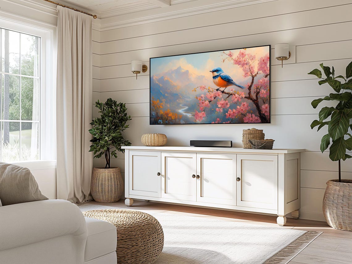 Bluebird On Cherry Blossom Branch Over Mountain Valley Poster - Image 3