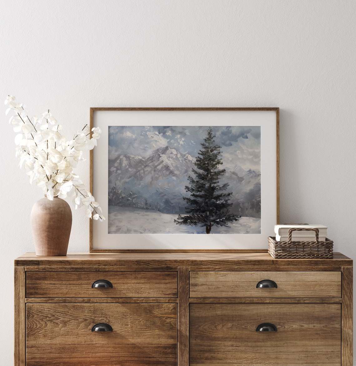 Dark Evergreen Spruce Beneath Stormy Winter Sky Snowy Field Poster - Image 3