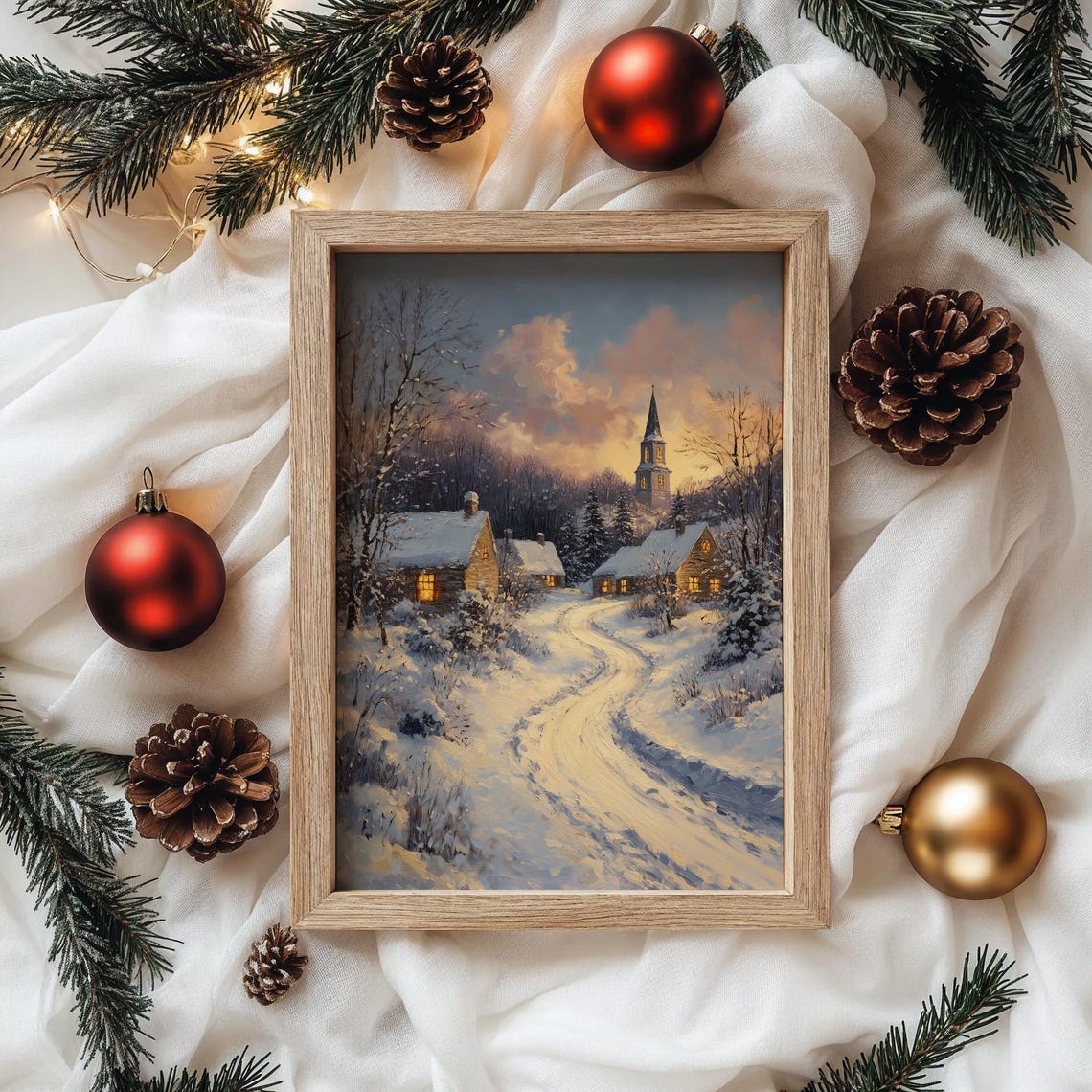Snowy Church Village at Dusk with Glowing Windows Winter Poster - Image 4