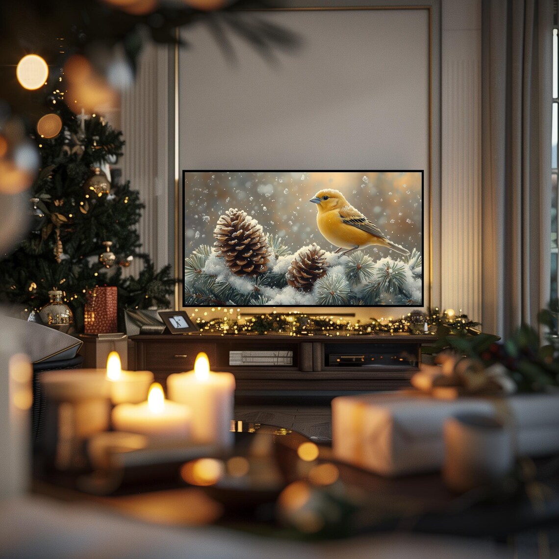 Golden Goldfinch Among Snow Covered Pinecones Winter Bird Art Poster - Image 6