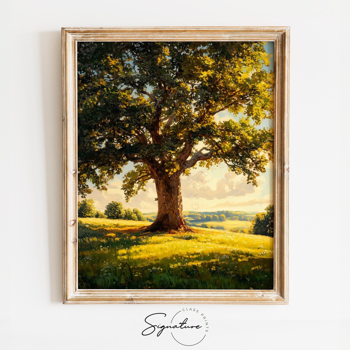 Majestic Oak Tree Sunlit Summer Meadow Countryside Landscape Art Poster