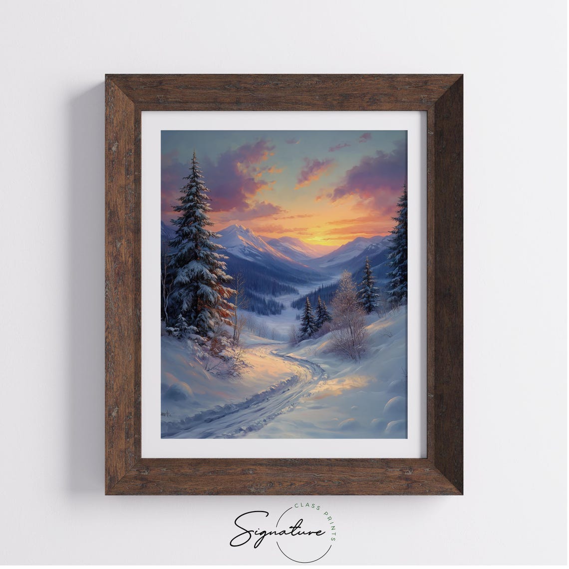 Snowy Mountain Trail At Sunset Through Pine Forest Oil Painting Poster - Image 2