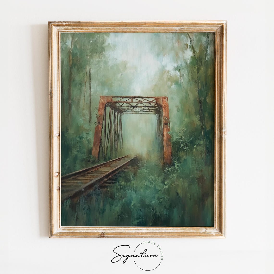 Abandoned Train Bridge Moody Rustic Landscape Painting Vintage Industrial Wall Art Dark Autumn Print Artwork 3696