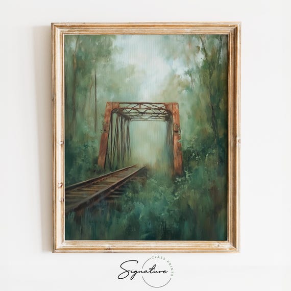 Abandoned Train Bridge Moody Rustic Landscape Painting Vintage Industrial Wall Art Dark Autumn Print Artwork 3696