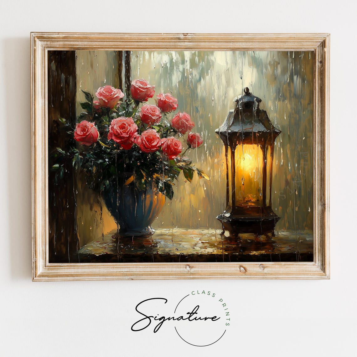 Roses by Rainy Window Glowing Lantern Moody Romantic Floral Art Poster