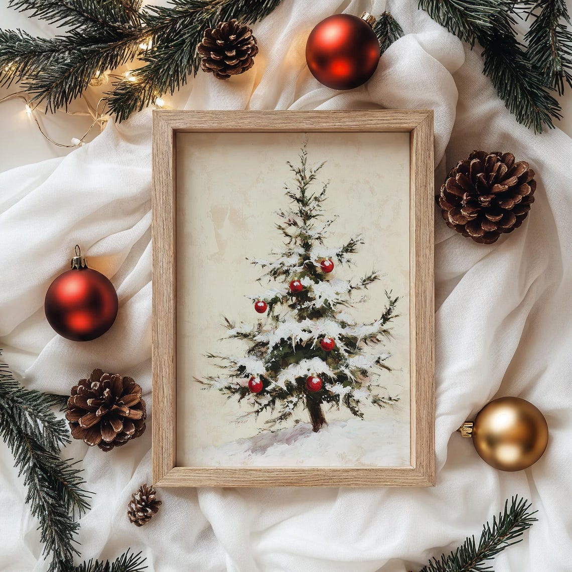 Snowy Christmas Tree with Red Ornaments Minimal Painting Poster - Image 4