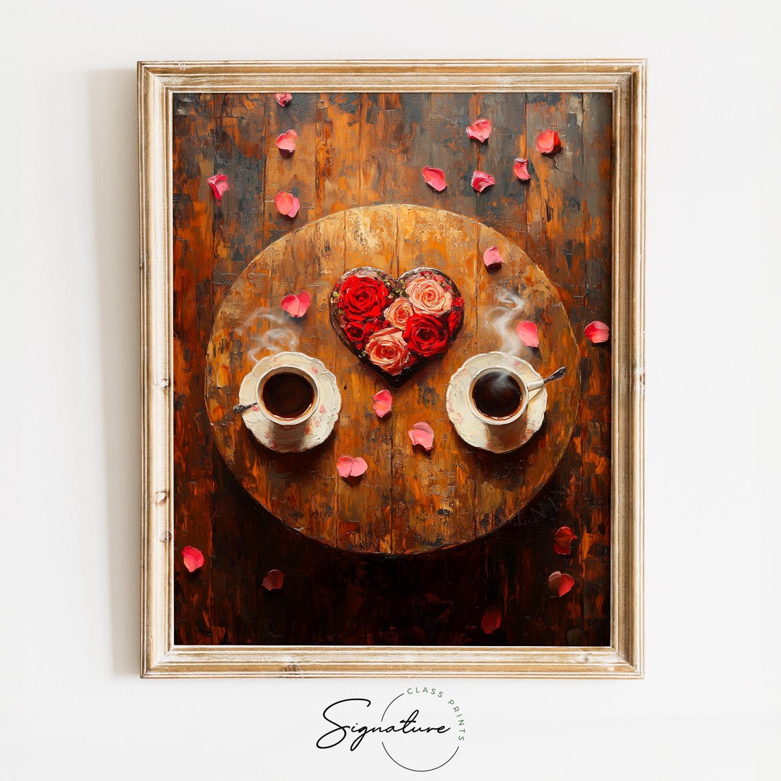 Coffee For Two Heart Shaped Roses Top View Rustic Romance Wall Art