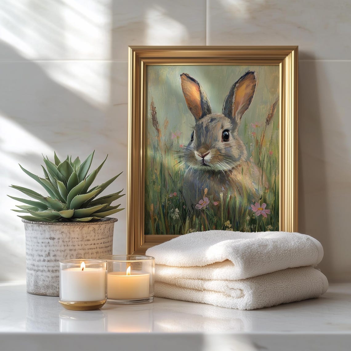Bunny In Grassy Spring Field Cute Rabbit Animal Painting Wall Art - Image 3