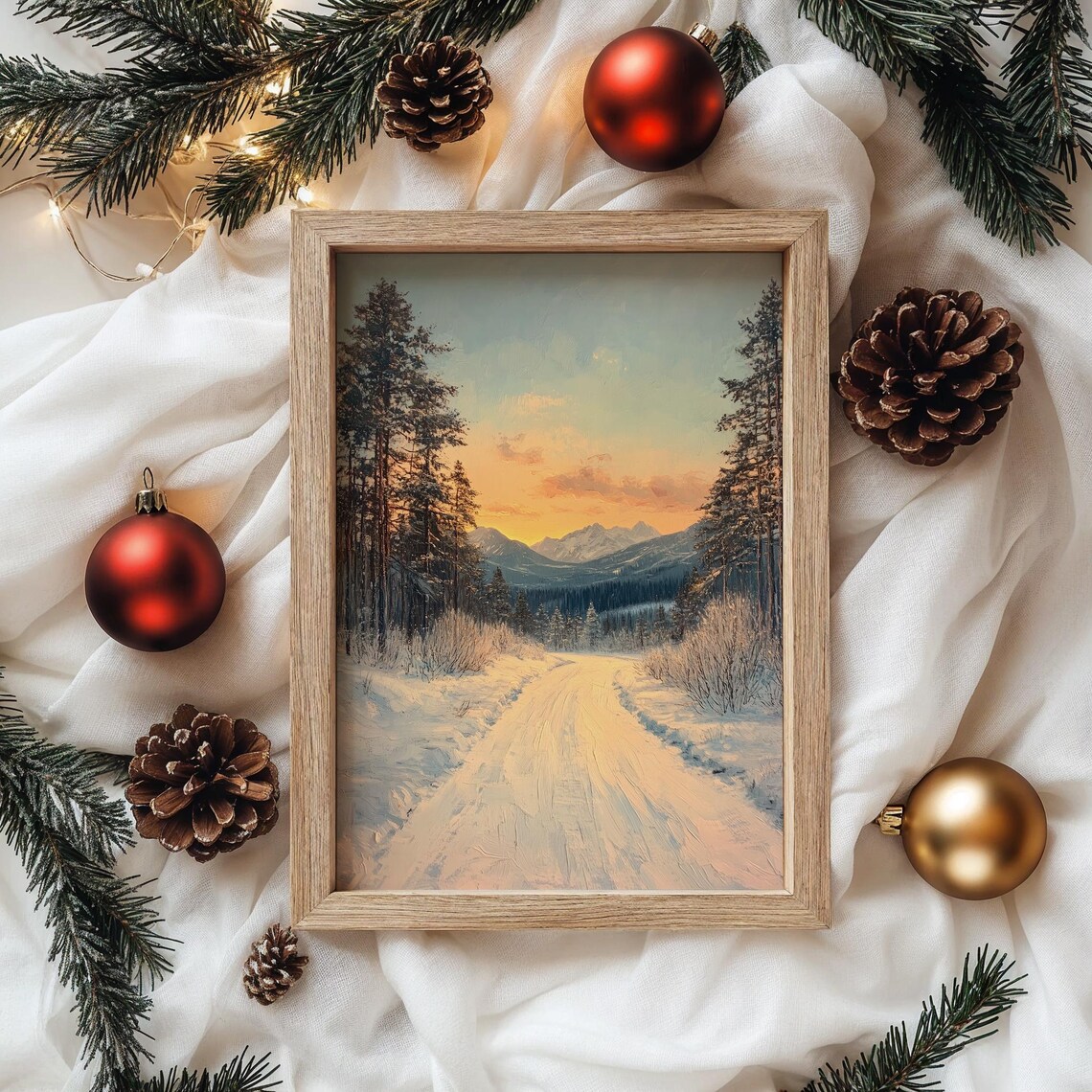 Snow Covered Road Through Pines at Sunset Winter Oil Painting Print - Image 4