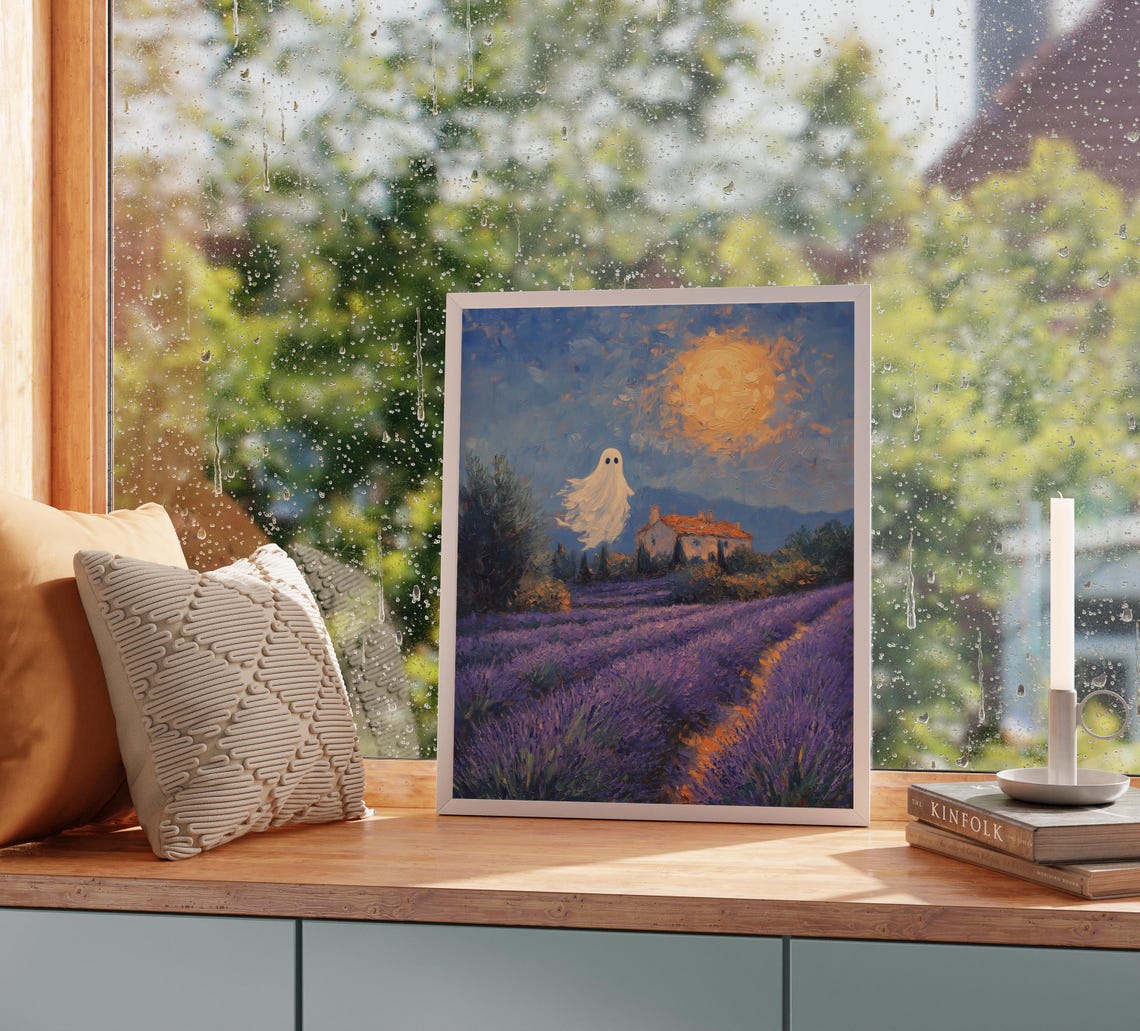 Ghost Lavender Field Full Moon Night Starry Countryside Poster - Image 2