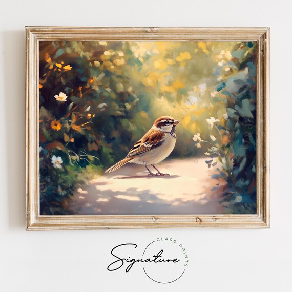 Sparrow Standing On Sunlit Path Beneath Golden Blossoms Wall Art