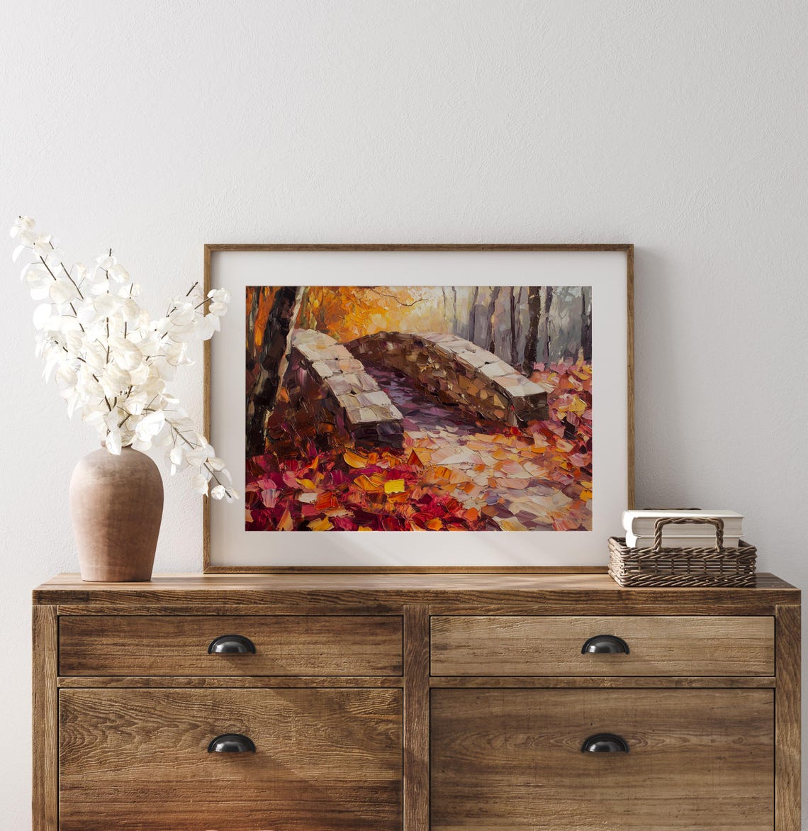Arched Stone Bridge In Autumn Forest With Fallen Leaves Poster - Image 3