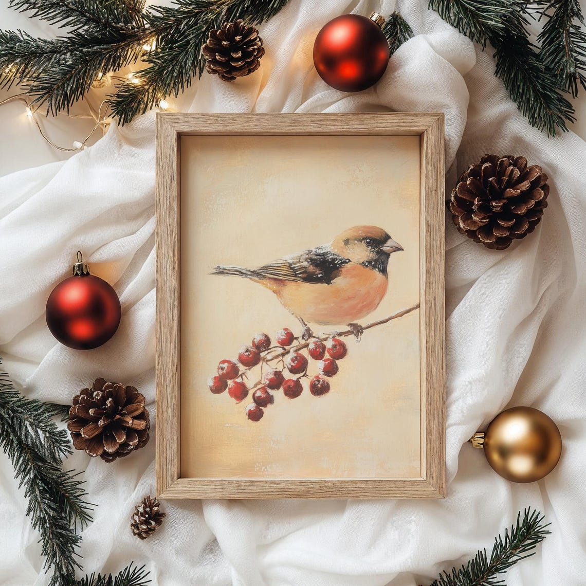 Orange Breasted Songbird on Red Berries Vintage Winter Poster - Image 4