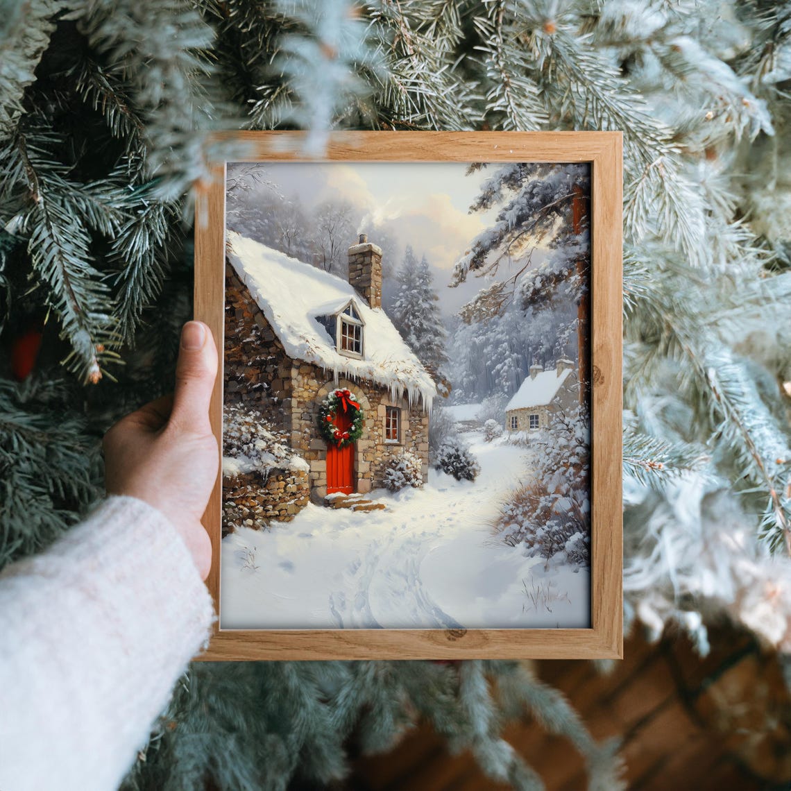 Stone Cottage with Red Door Wreath in a Snowy Winter Forest Poster - Image 6