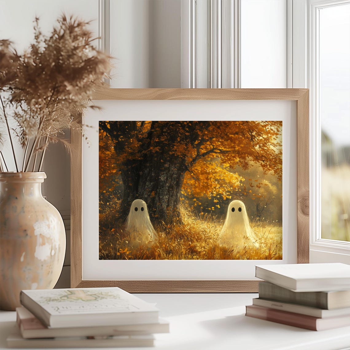 Two Playful Ghosts Floating in Golden Grasses Under an Oak Tree Poster - Image 2