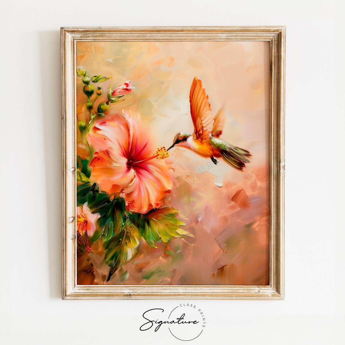 Tiny Hummingbird Sipping Nectar from Pink Hibiscus Flower Poster