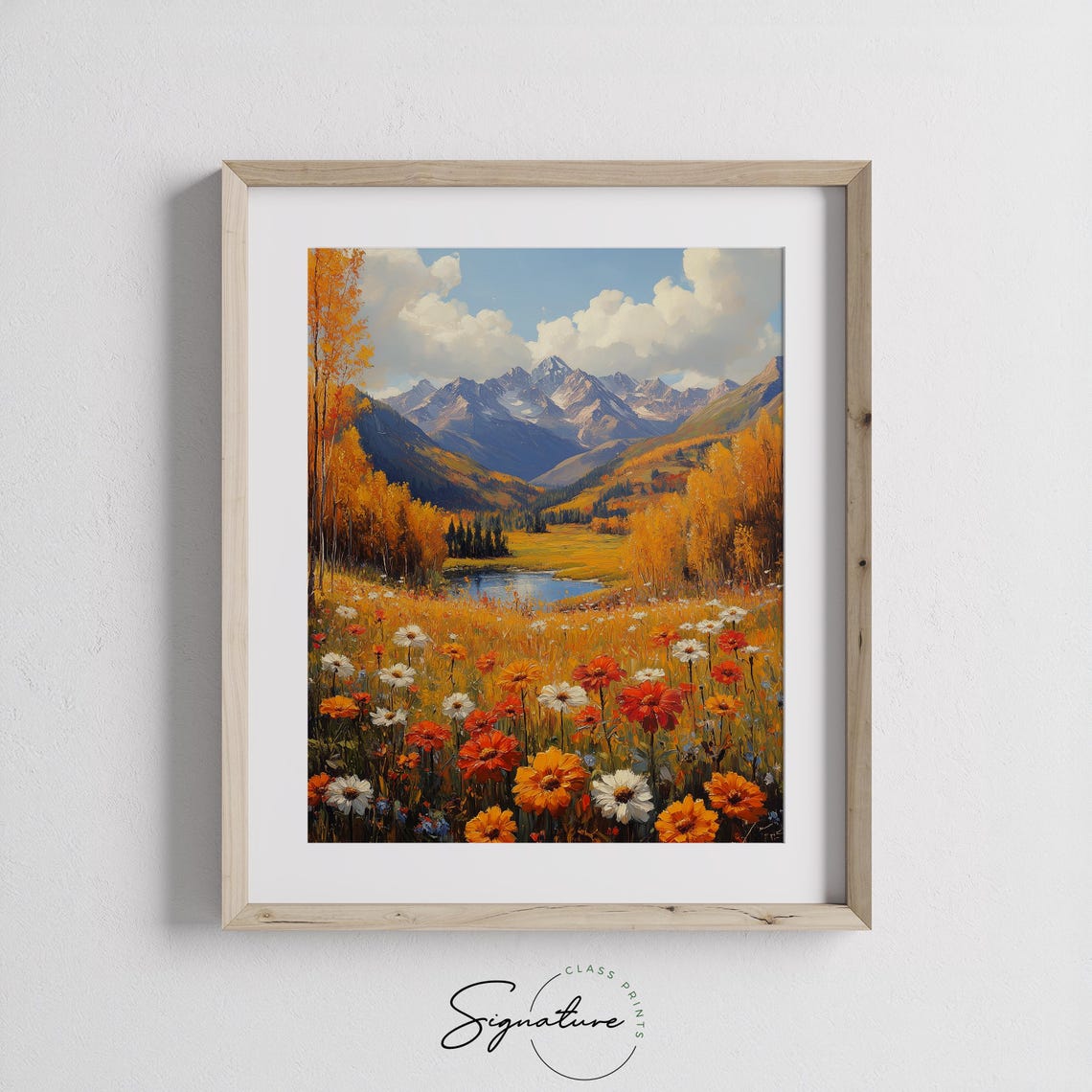 Wildflower Meadow Alpine Lake Snowy Peaks Landscape Painting Print - Image 3