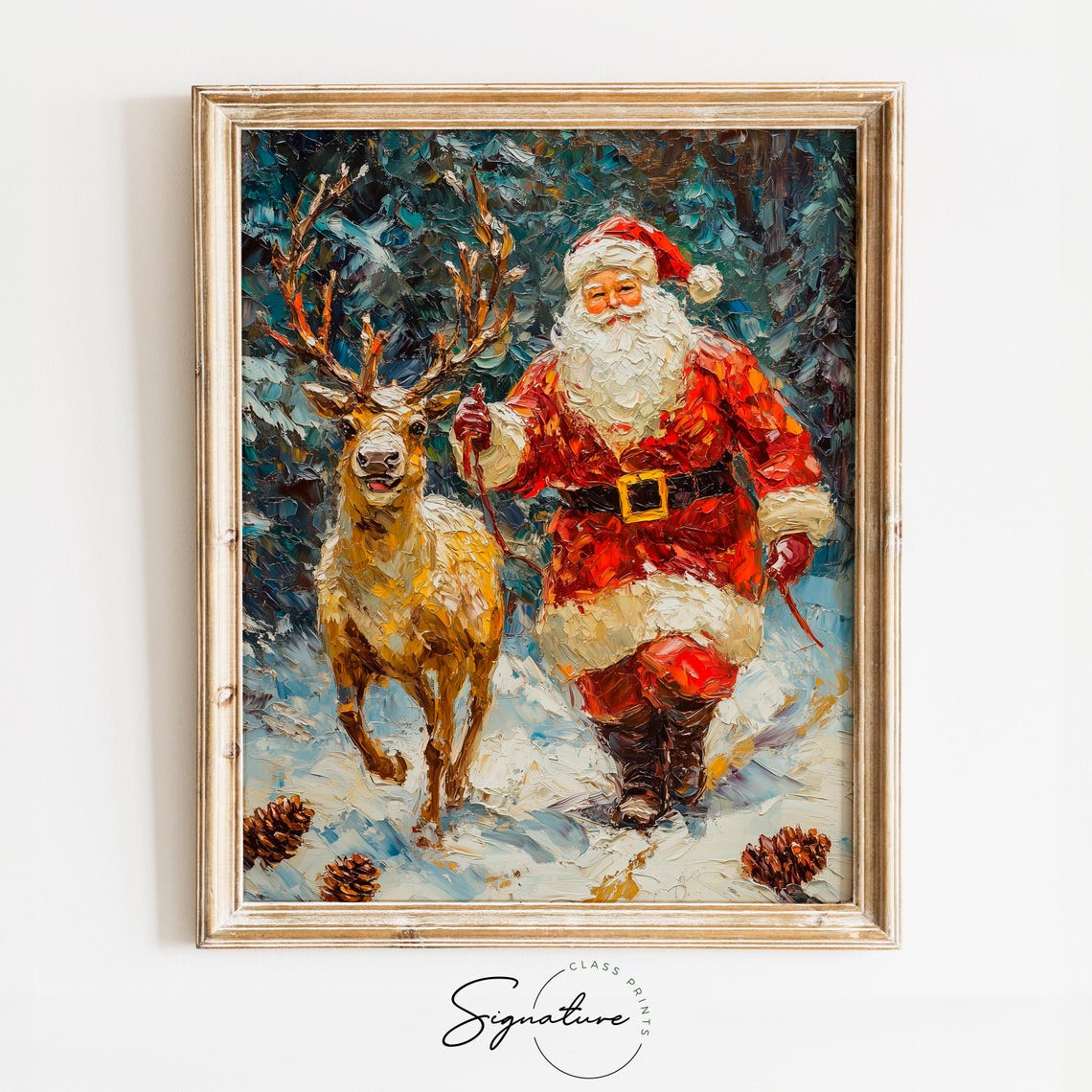 Santa Claus Walking With a Reindeer in a Snowy Forest Poster