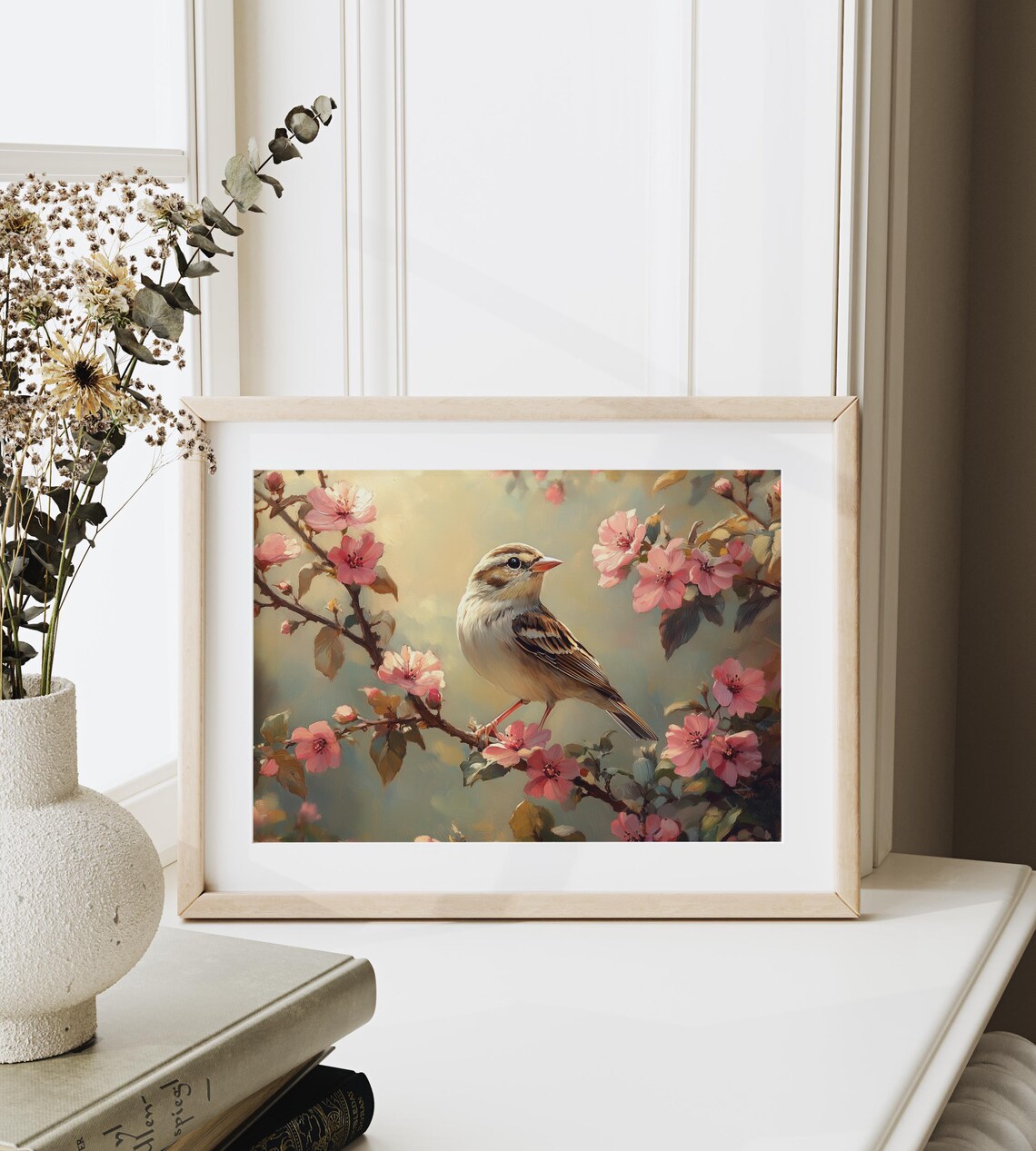 Sparrow Perched Pink Blossom Branch Spring Bird Sunshine Floral Painting Poster - Image 4