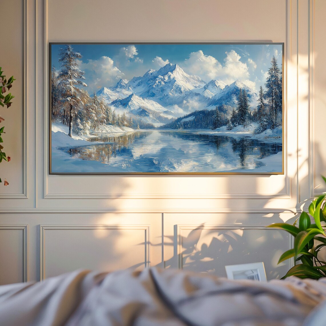 Snowy Mountain Range Mirror Reflection In Alpine Lake Winter Scene Art Poster - Image 4