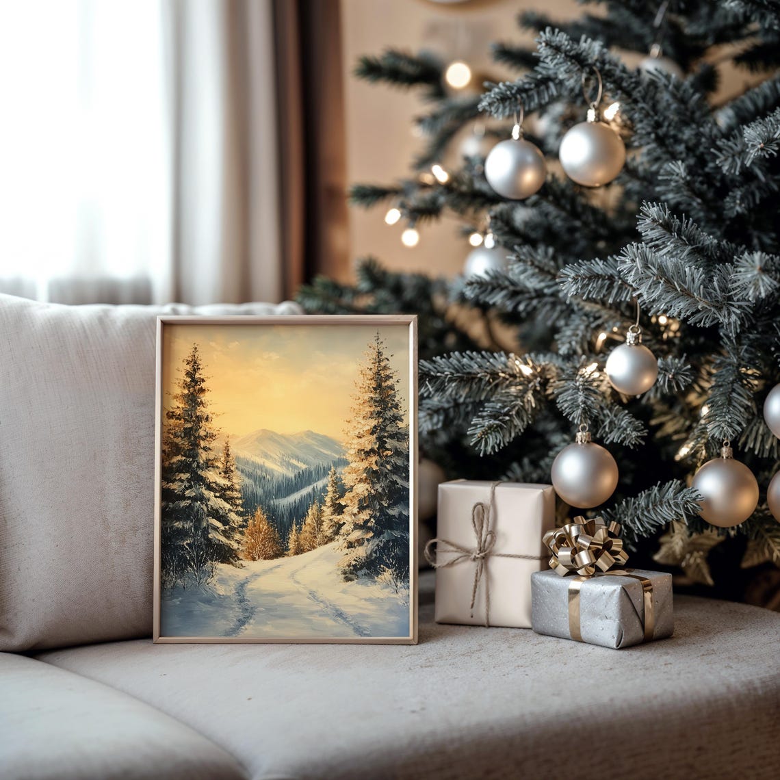 Snowy Woodland Path Through Evergreens in Warm Sunset Glow Poster - Image 5