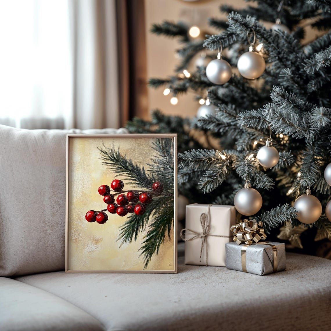 Bright Red Berry Cluster On Winter Evergreen Pine Branch Poster - Image 5