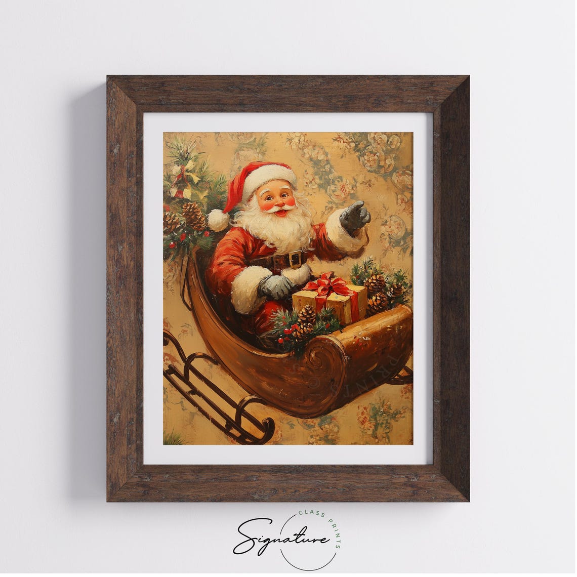 Santa Claus Riding Wooden Sleigh with Gift Vintage Christmas Print - Image 3