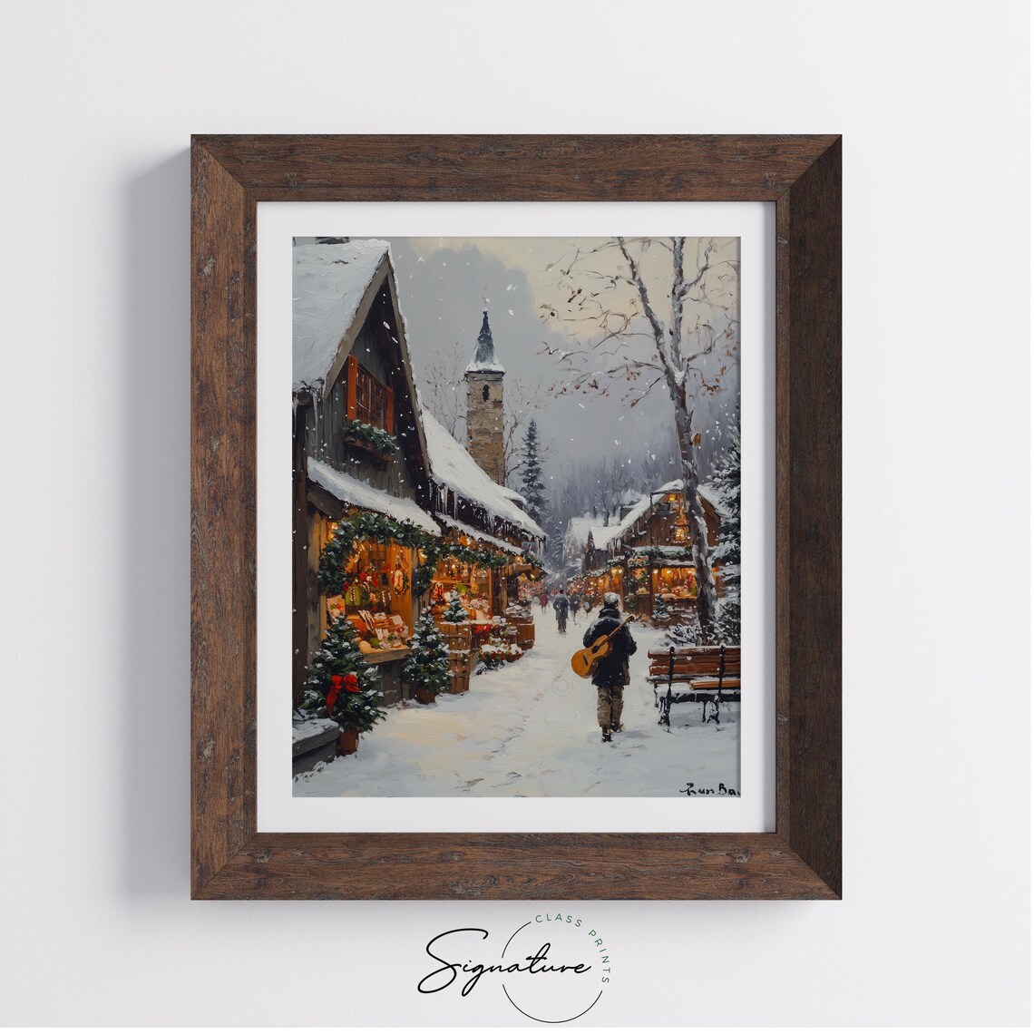 Snowy Village Market Street With Festive Shops And Wreaths Poster - Image 3