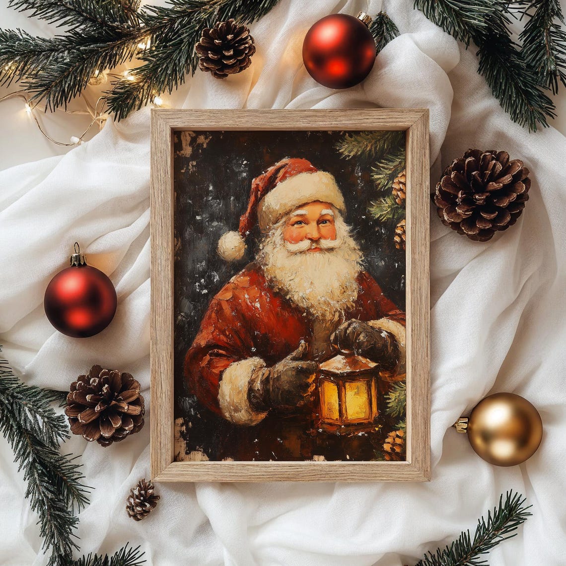 Santa Claus With a Glowing Lantern in a Pine Forest at Night Poster - Image 4