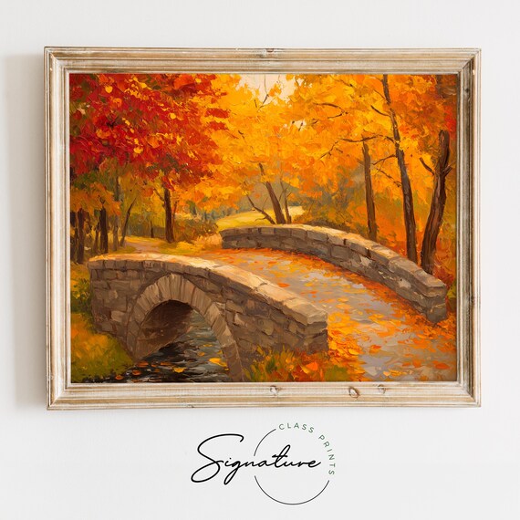 Autumn Stone Bridge Painting Red Fall Foliage Rustic Landscape Poster