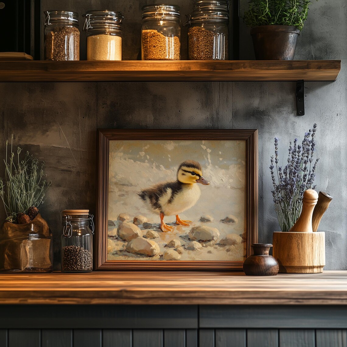 Baby Duckling Stepping on Pebbles Water Edge Spring Wildlife Painting - Image 2