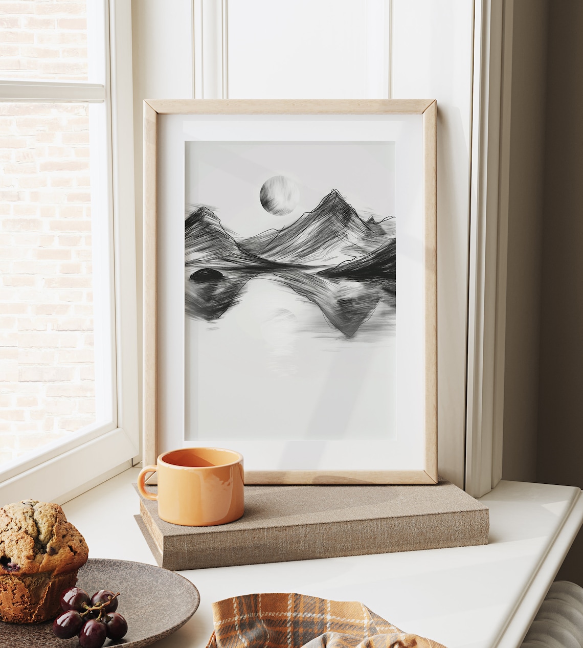 Moonlit Mountain Lake With Glowing Full Moon Monochrome Ink Poster - Image 6