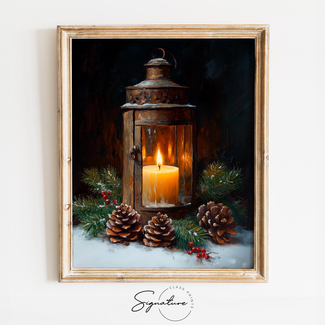 Rustic Lantern With Candle Pinecones And Holly Winter Poster