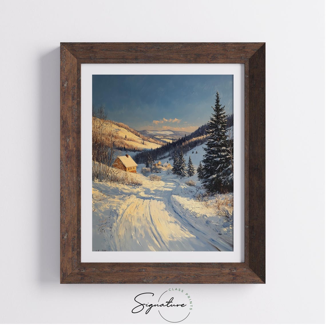 Golden Hour Glow On Snowy Mountain Road With Rustic Cabin Poster - Image 3