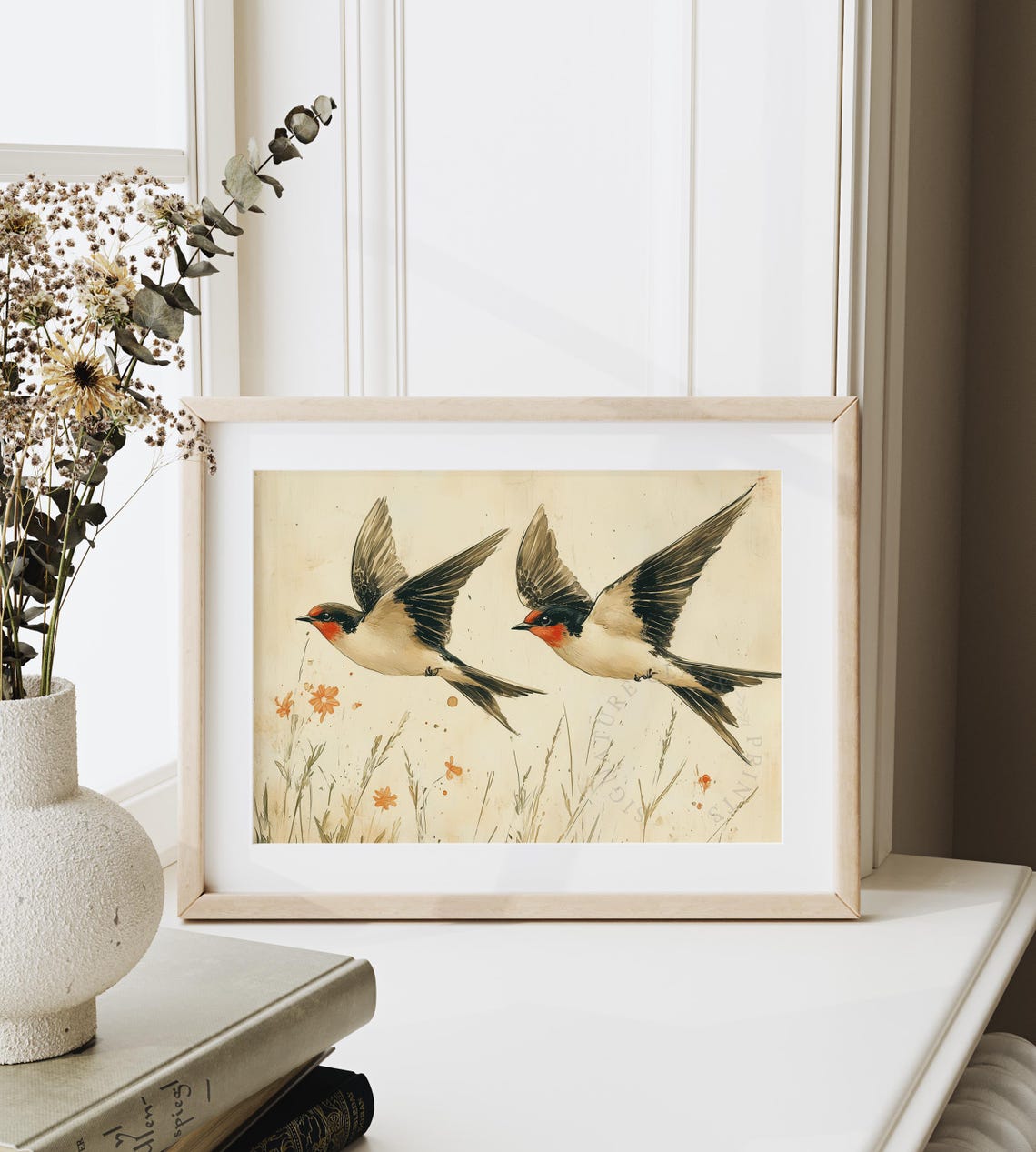 Two Swallows In Flight Over A Golden Meadow Watercolor Poster - Image 6