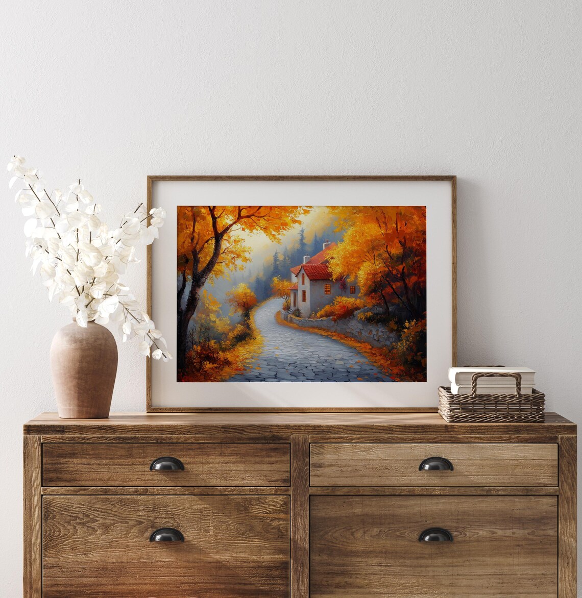Cobblestone Village Road Curving To Golden Hills House Autumn Poster - Image 3