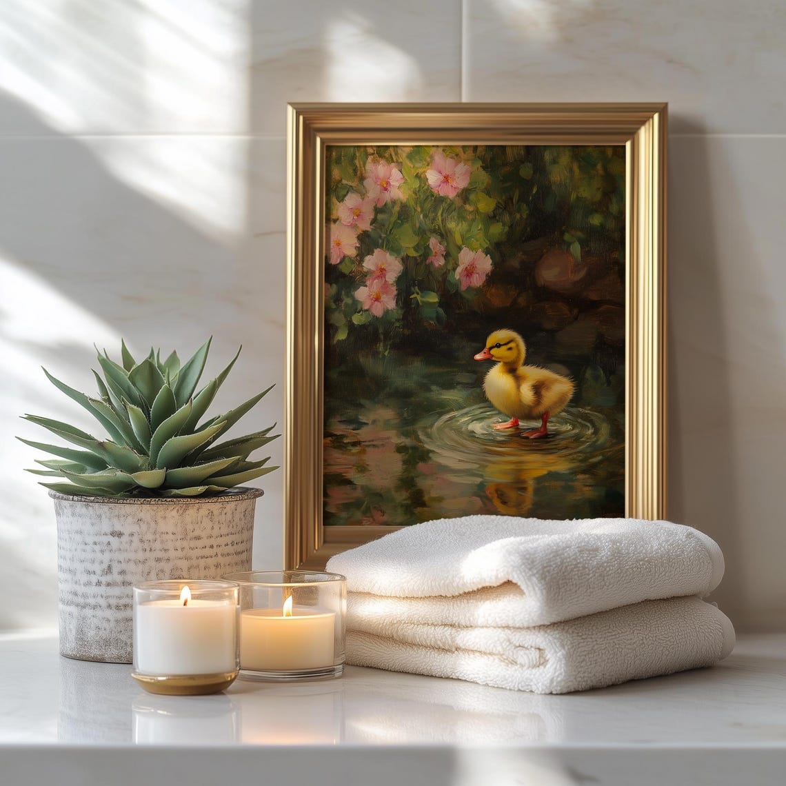 Cute Duckling In Pond With Pink Blossoms Spring Animal Painting Art - Image 3