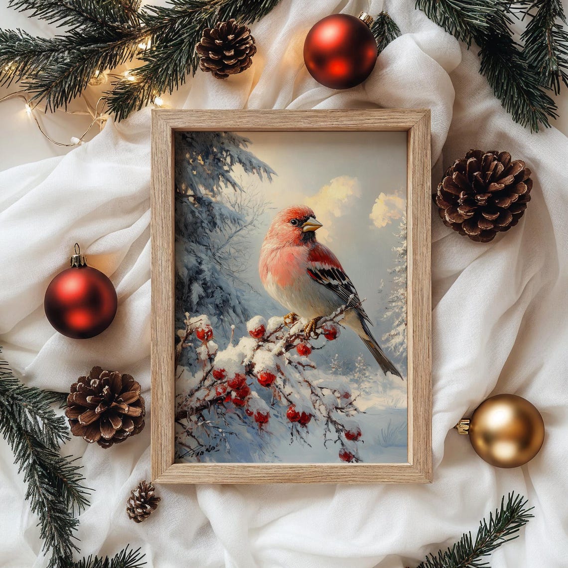 Charming Pine Grosbeak Bird On Snowy Berry Branch Wildlife Poster - Image 4